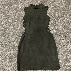 Olive green mini dress with cut-out detailing along the sides size small
